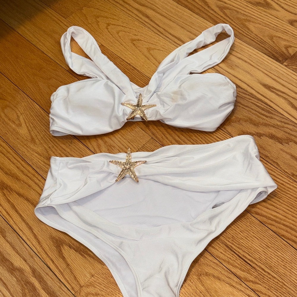 White Bikini Three Piece Set with Gold Starfish Accents